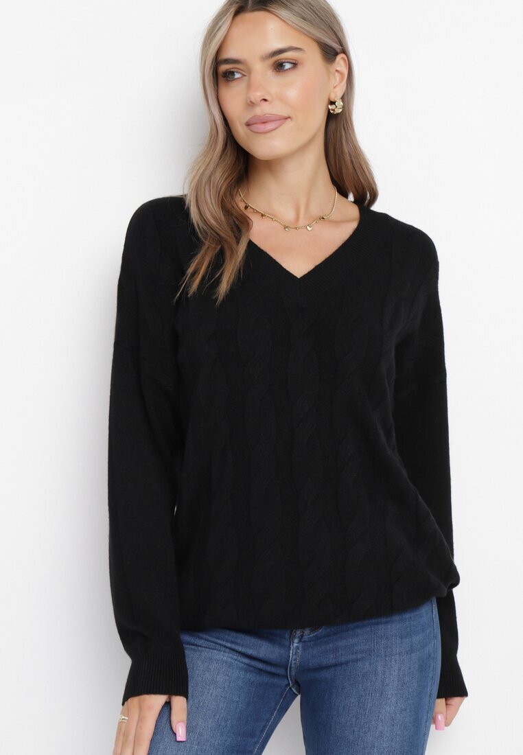 m&d fashion Pulover Negru Clasic cu decolteu în V cu mânecă lungă Eusebio