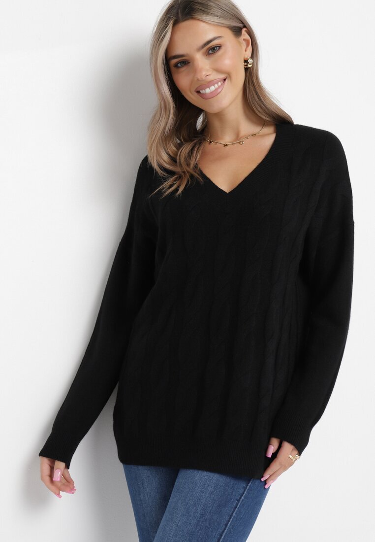 m&d fashion Pulover Negru Clasic cu decolteu în V cu mânecă lungă Eusebio