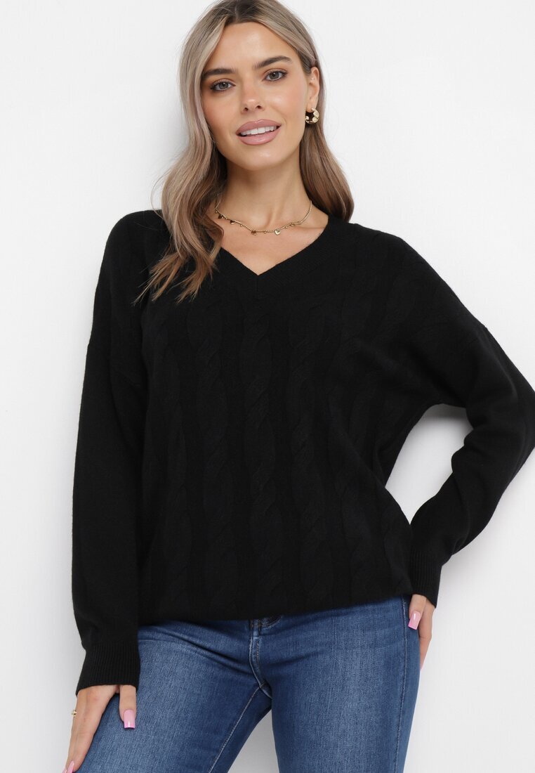 m&d fashion Pulover Negru Clasic cu decolteu în V cu mânecă lungă Eusebio