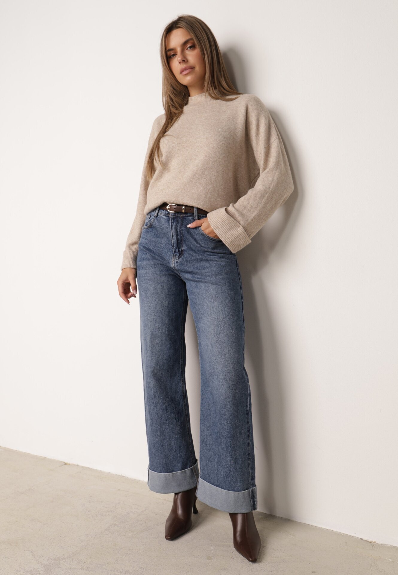 m&d fashion Pulover oversize cu adaos de lână cu guler înalt și manșete întoarse Jalowia Bej