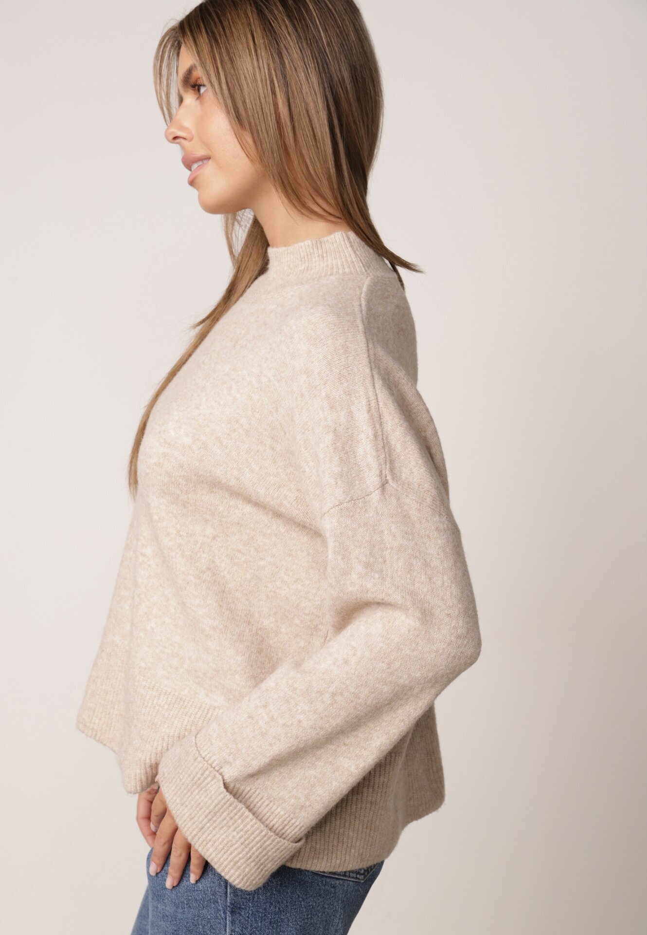 m&d fashion Pulover oversize cu adaos de lână cu guler înalt și manșete întoarse Jalowia Bej