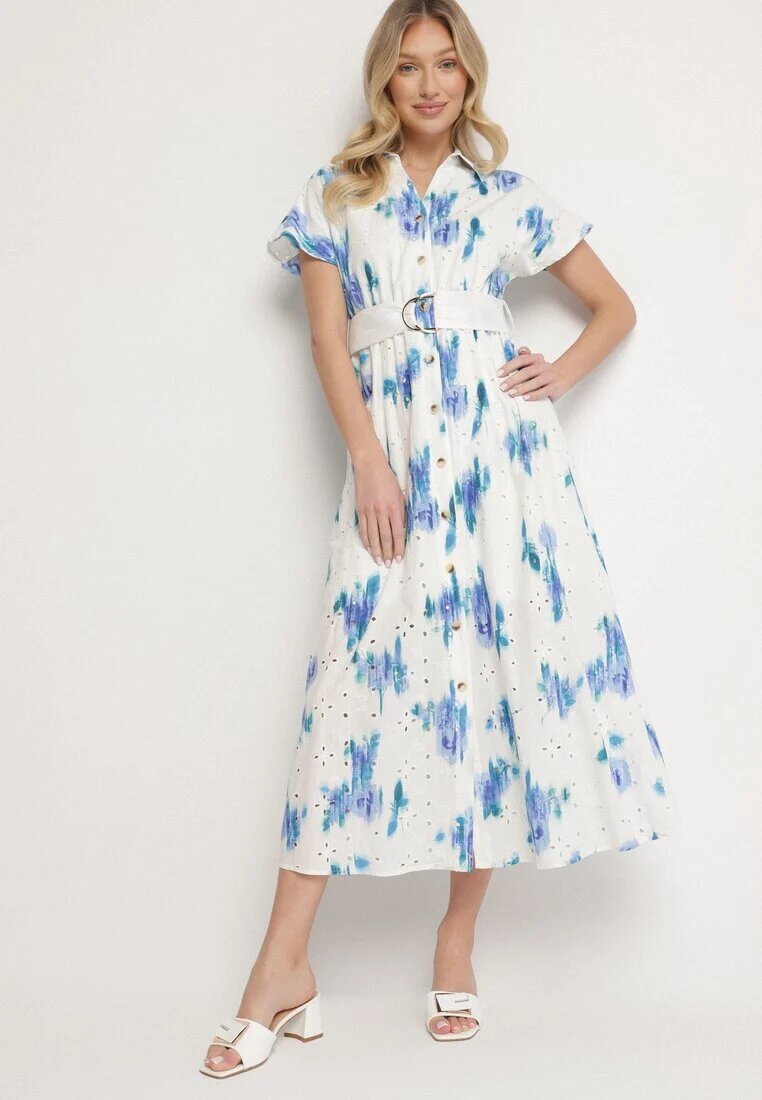 m&d fashion Rochie Alb-Albastru Perforată din Bumbac cu Croială Tip Cămașă cu Centură Melpio