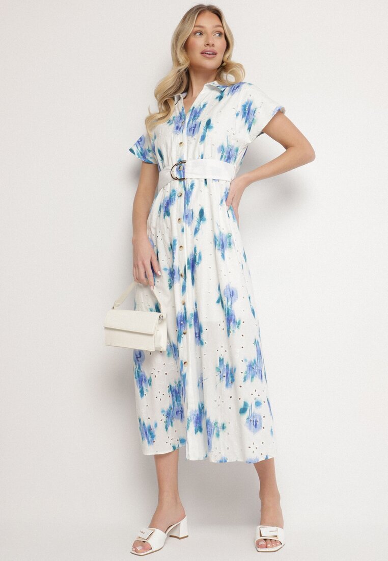 m&d fashion Rochie Alb-Albastru Perforată din Bumbac cu Croială Tip Cămașă cu Centură Melpio
