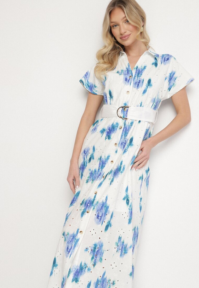 m&d fashion Rochie Alb-Albastru Perforată din Bumbac cu Croială Tip Cămașă cu Centură Melpio