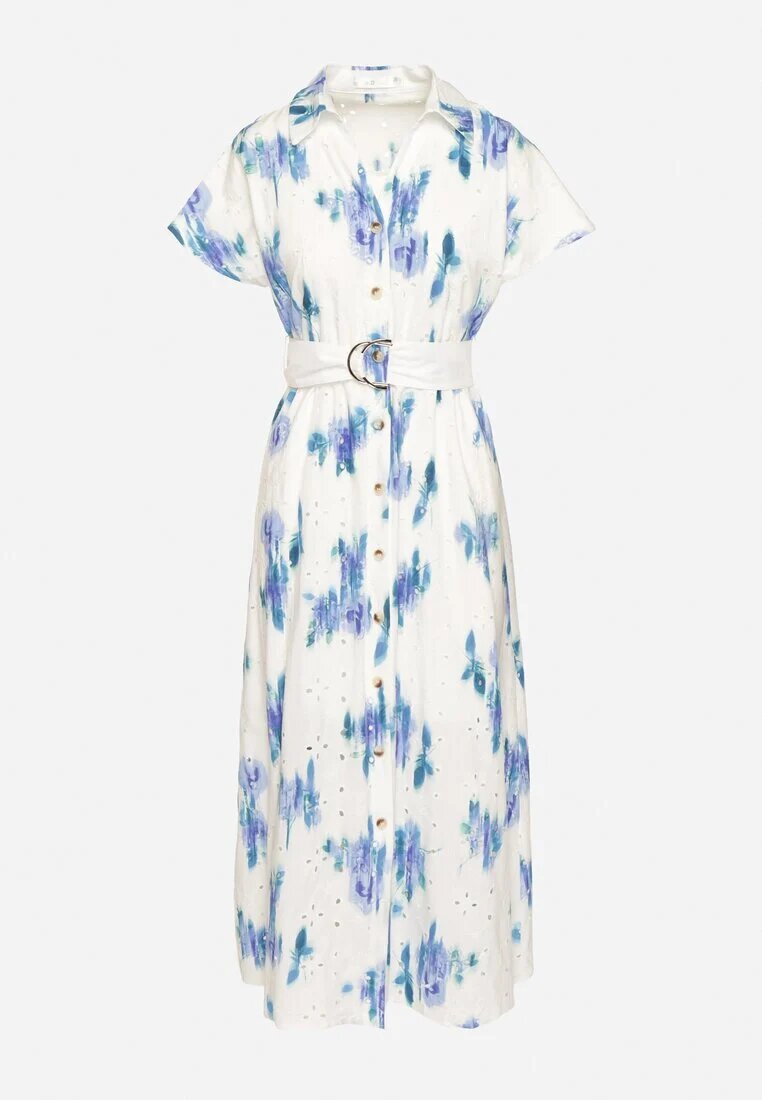 m&d fashion Rochie Alb-Albastru Perforată din Bumbac cu Croială Tip Cămașă cu Centură Melpio