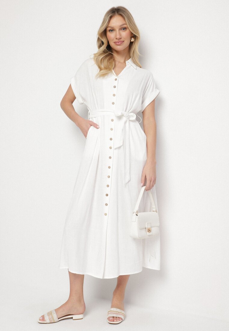 m&d fashion Rochie Albă din Bumbac cu Croială Tip Cămașă cu Cordon Legat Elanitiela