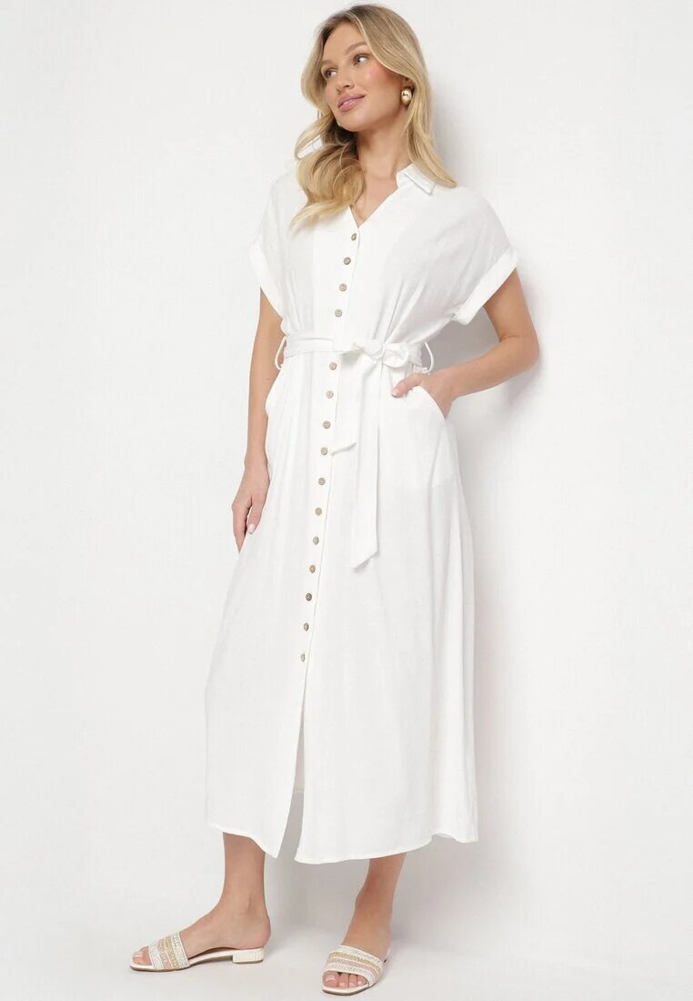 m&d fashion Rochie Albă din Bumbac cu Croială Tip Cămașă cu Cordon Legat Elanitiela