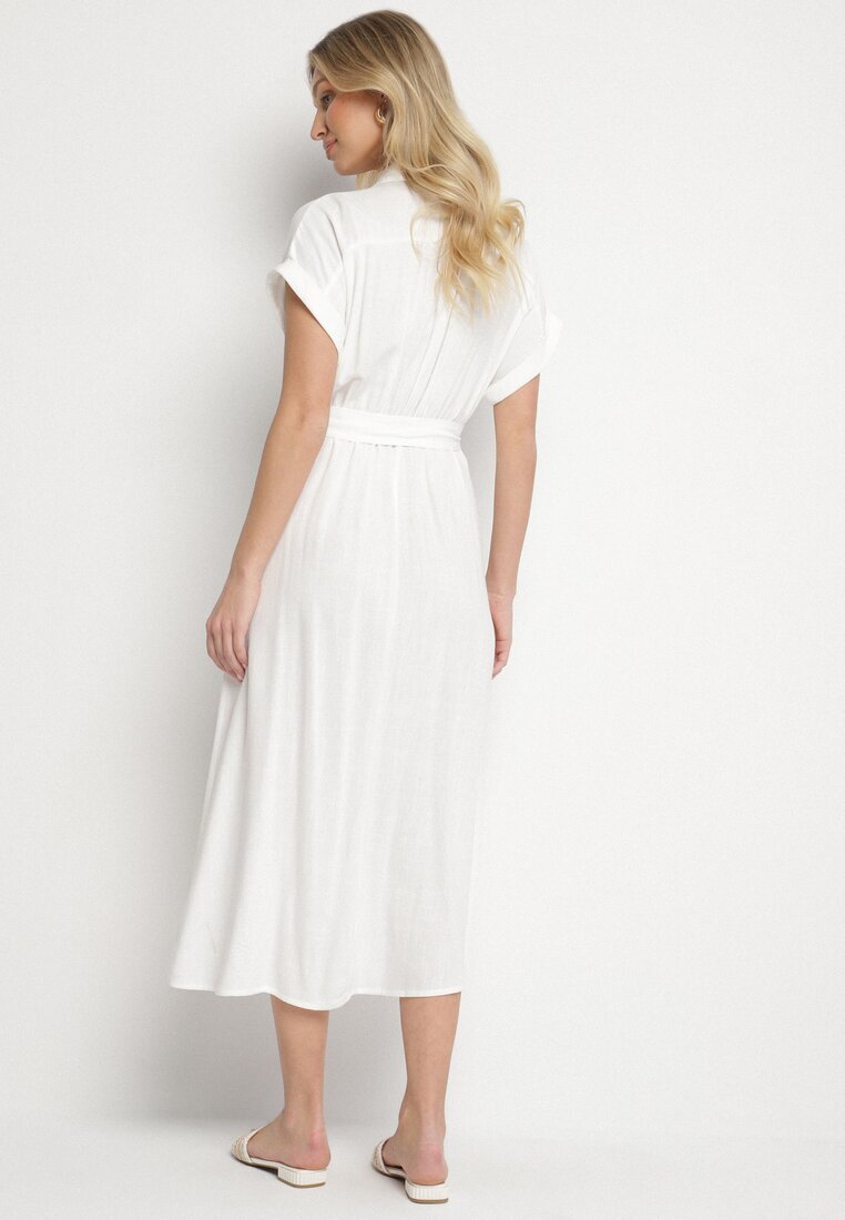 m&d fashion Rochie Albă din Bumbac cu Croială Tip Cămașă cu Cordon Legat Elanitiela