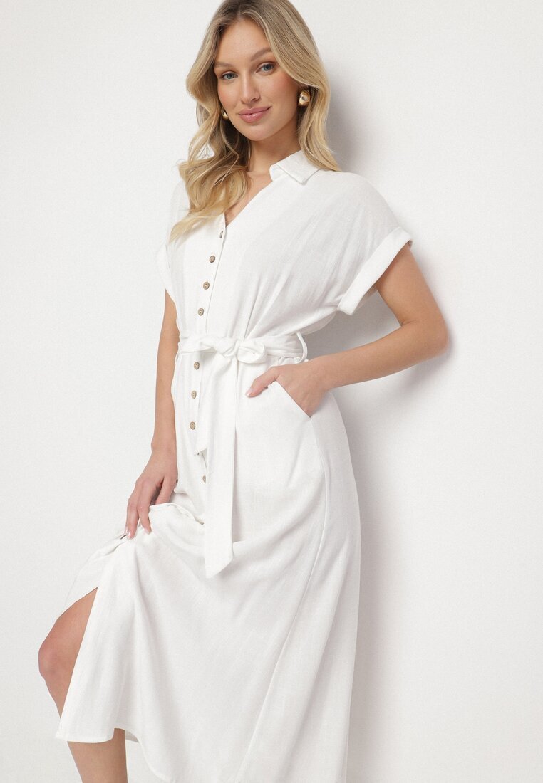 m&d fashion Rochie Albă din Bumbac cu Croială Tip Cămașă cu Cordon Legat Elanitiela