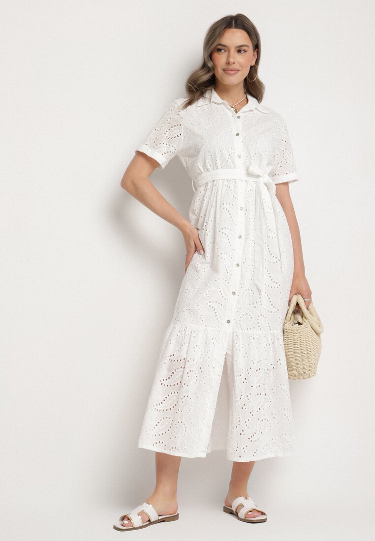 m&d fashion Rochie Albă din bumbac tip cămașă ajurată cu curea Fevaila