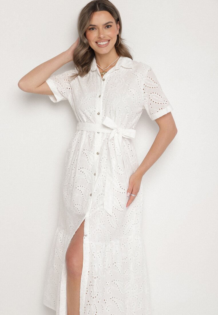 m&d fashion Rochie Albă din bumbac tip cămașă ajurată cu curea Fevaila