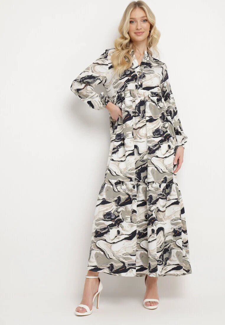 m&d fashion Rochie Albă Evazată cu Model Abstract Alusima