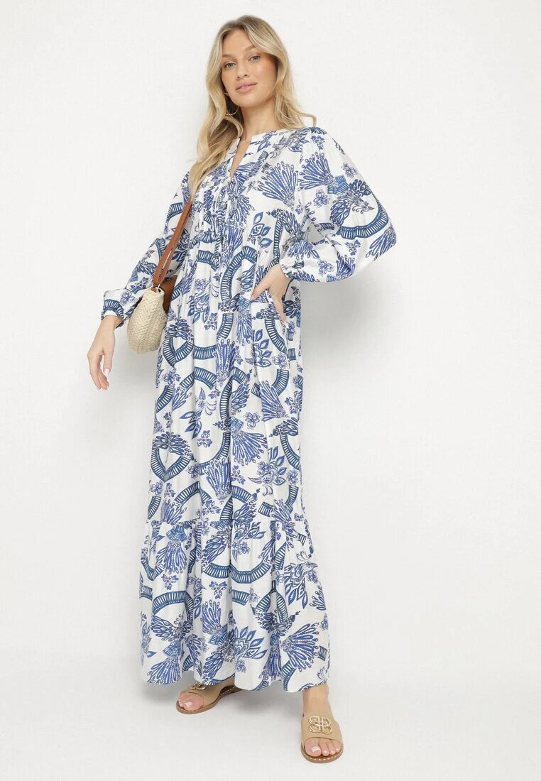 m&d fashion Rochie Albastră din Viscoză cu Croială Evazată cu Legătură cu Imprimeu Floral Korivona