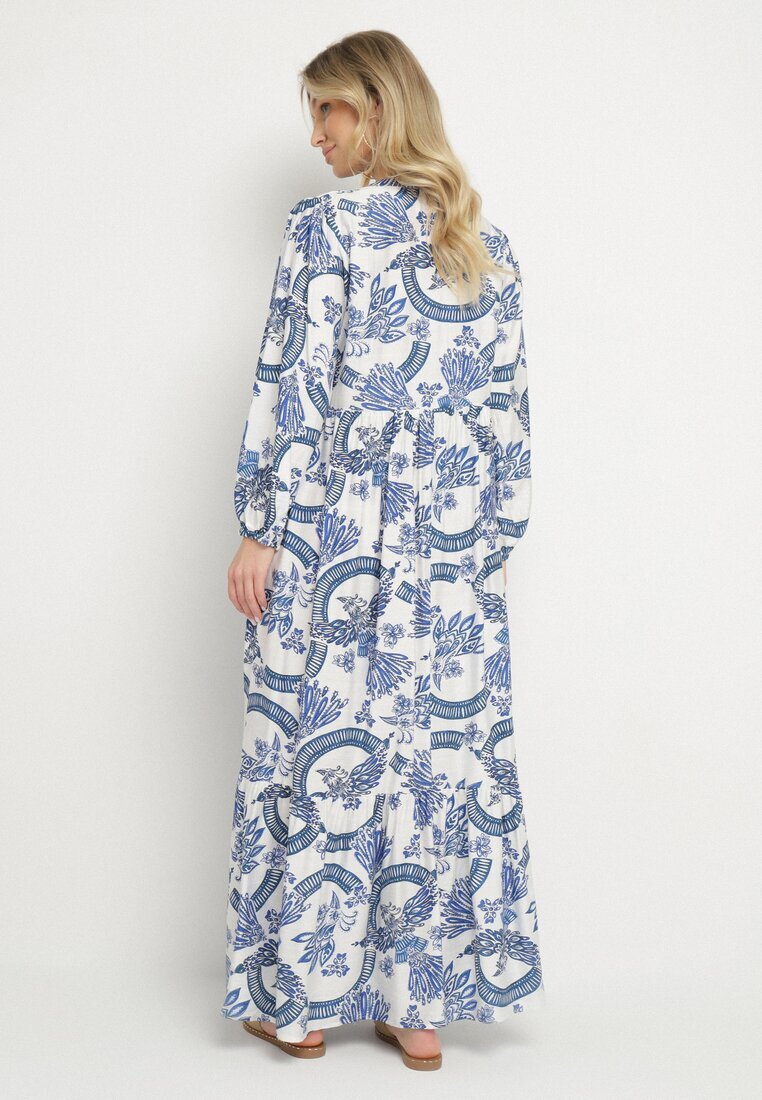 m&d fashion Rochie Albastră din Viscoză cu Croială Evazată cu Legătură cu Imprimeu Floral Korivona
