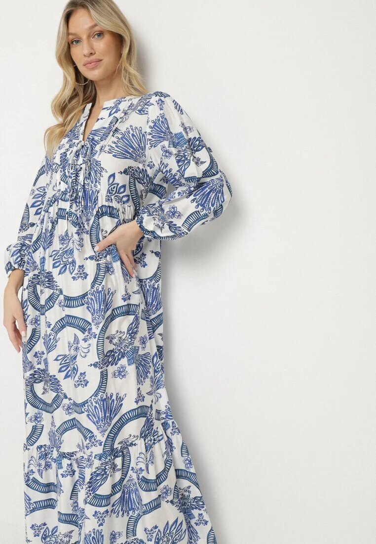 m&d fashion Rochie Albastră din Viscoză cu Croială Evazată cu Legătură cu Imprimeu Floral Korivona