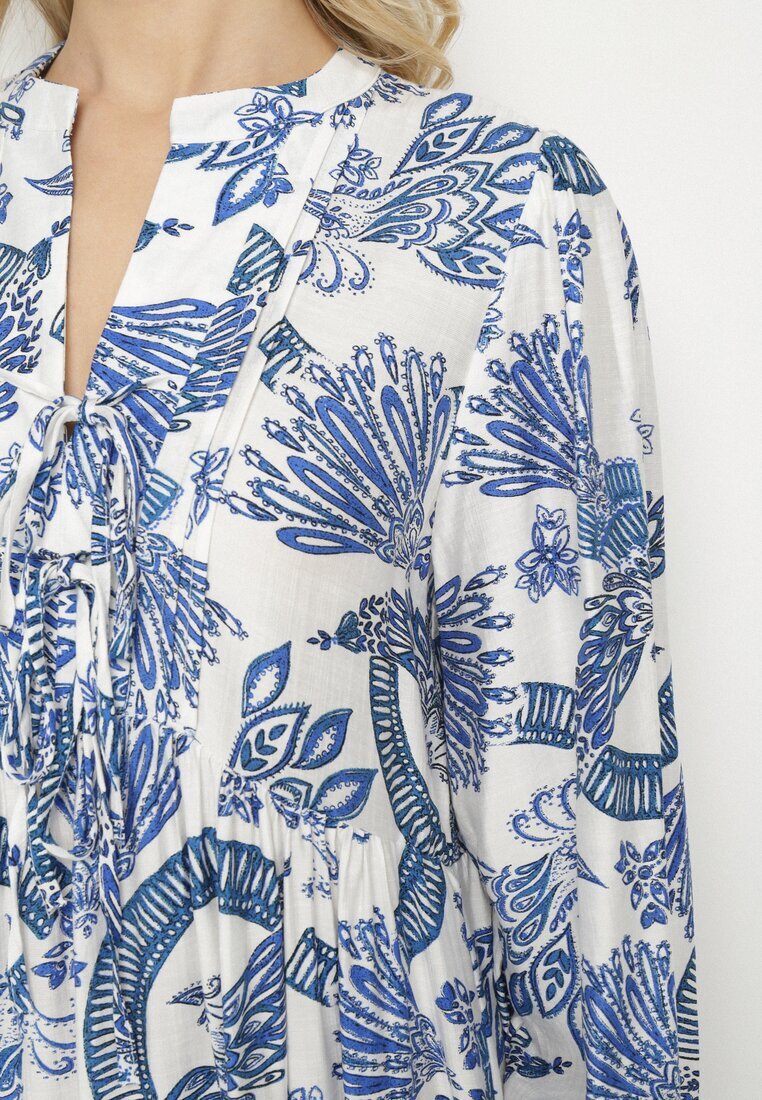 m&d fashion Rochie Albastră din Viscoză cu Croială Evazată cu Legătură cu Imprimeu Floral Korivona
