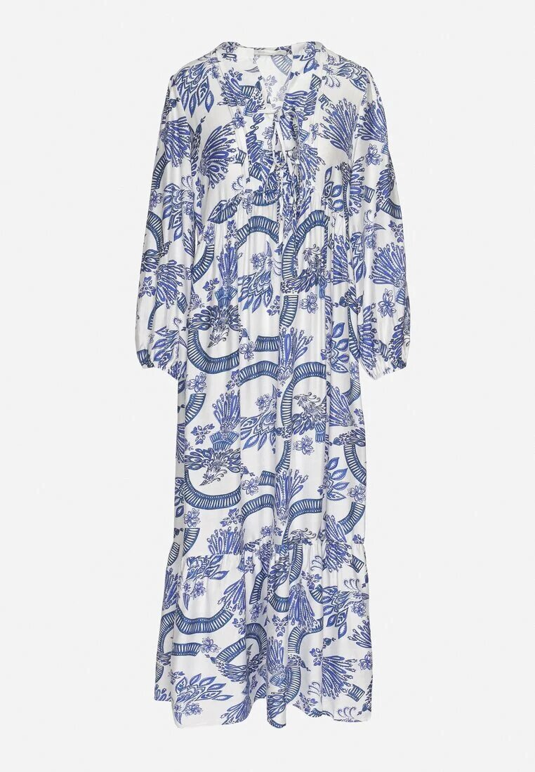 m&d fashion Rochie Albastră din Viscoză cu Croială Evazată cu Legătură cu Imprimeu Floral Korivona