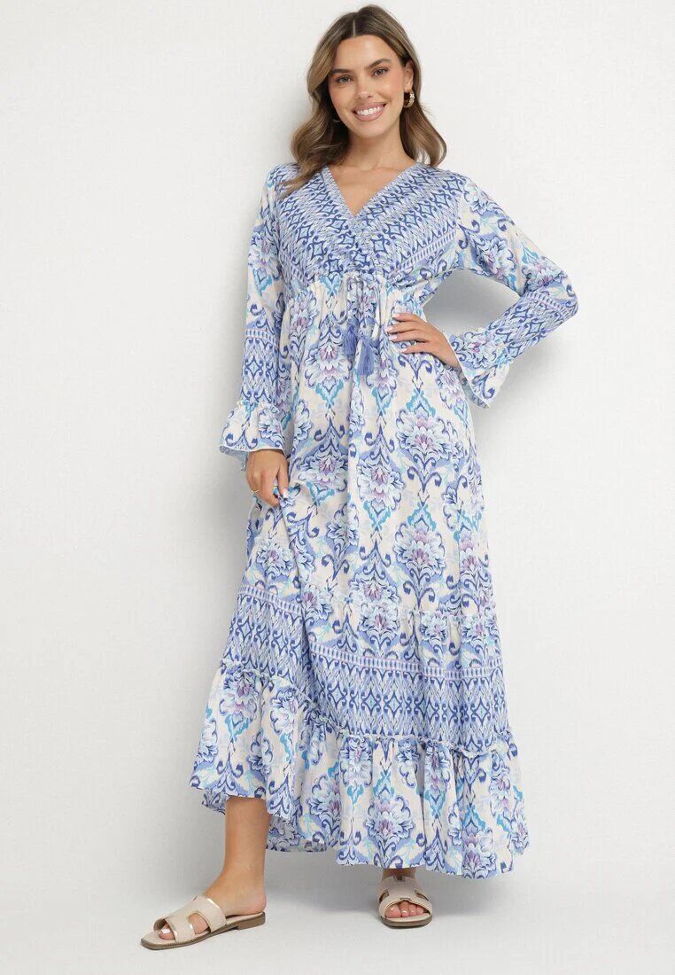 m&d fashion Rochie Albastră în stil Boho cu decolteu petrecut din bumbac și viscoză Soderia