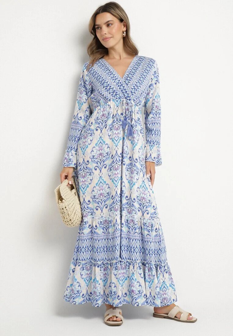 m&d fashion Rochie Albastră în stil Boho cu decolteu petrecut din bumbac și viscoză Soderia
