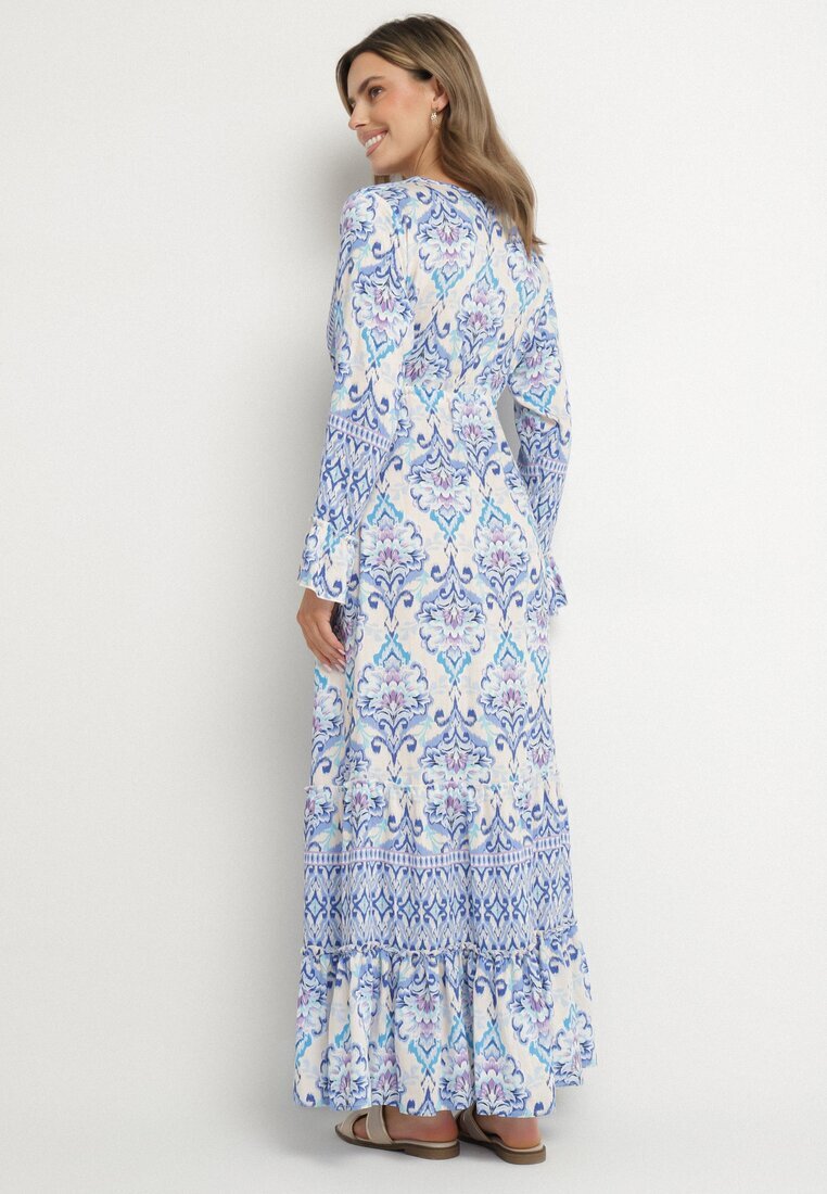 m&d fashion Rochie Albastră în stil Boho cu decolteu petrecut din bumbac și viscoză Soderia