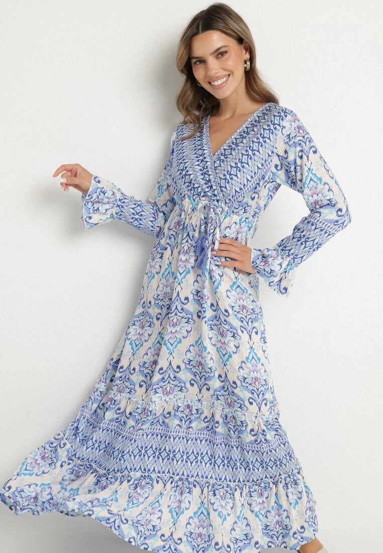 m&d fashion Rochie Albastră în stil Boho cu decolteu petrecut din bumbac și viscoză Soderia