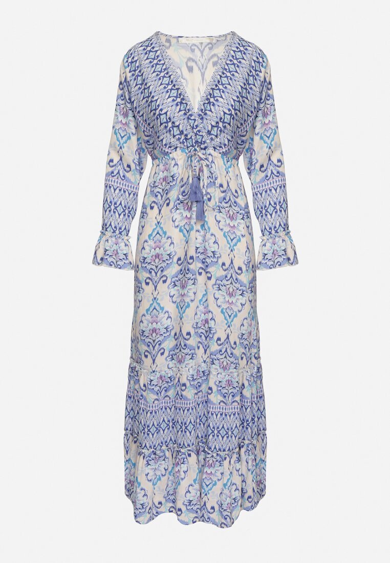 m&d fashion Rochie Albastră în stil Boho cu decolteu petrecut din bumbac și viscoză Soderia