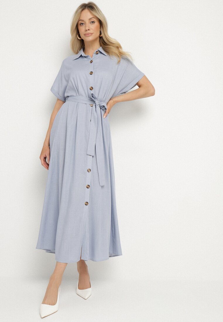 m&d fashion Rochie Albastră tip cămașă cu in viscoză și curea Lenaviel