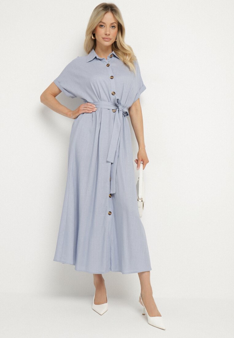 m&d fashion Rochie Albastră tip cămașă cu in viscoză și curea Lenaviel