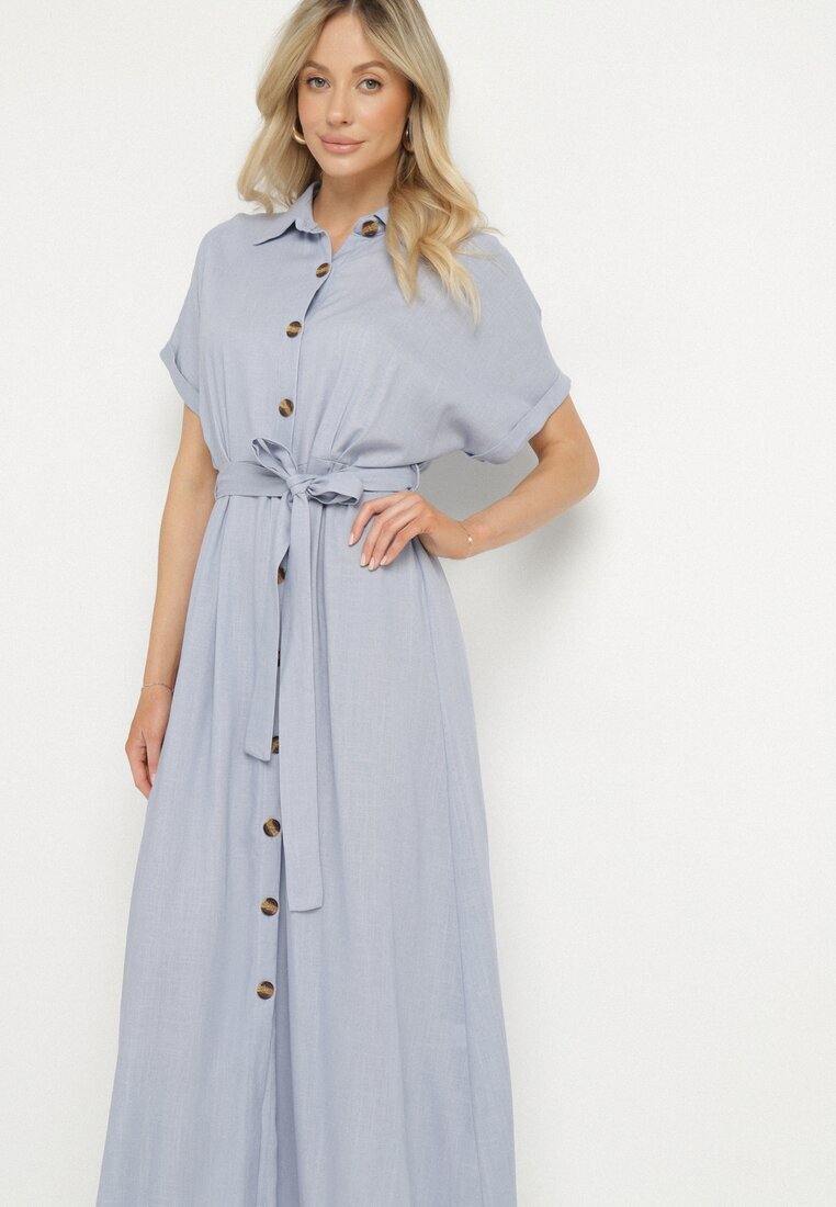 m&d fashion Rochie Albastră tip cămașă cu in viscoză și curea Lenaviel