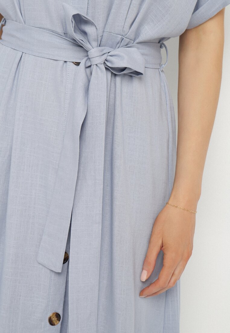m&d fashion Rochie Albastră tip cămașă cu in viscoză și curea Lenaviel