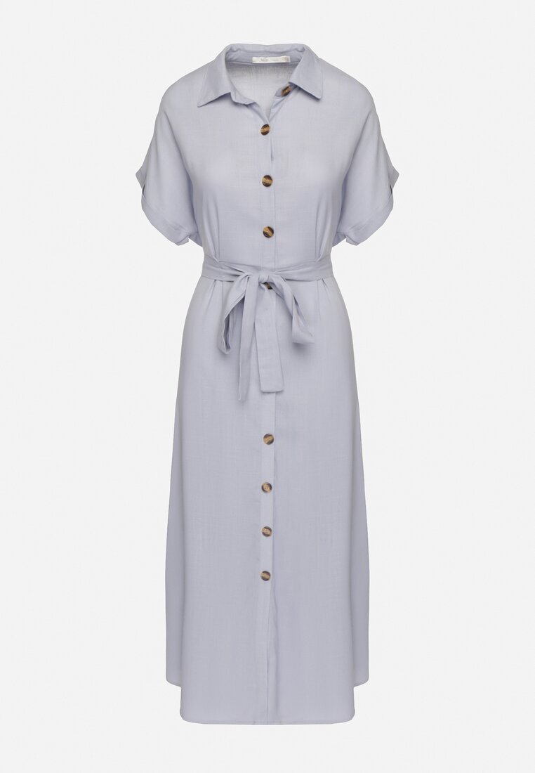 m&d fashion Rochie Albastră tip cămașă cu in viscoză și curea Lenaviel