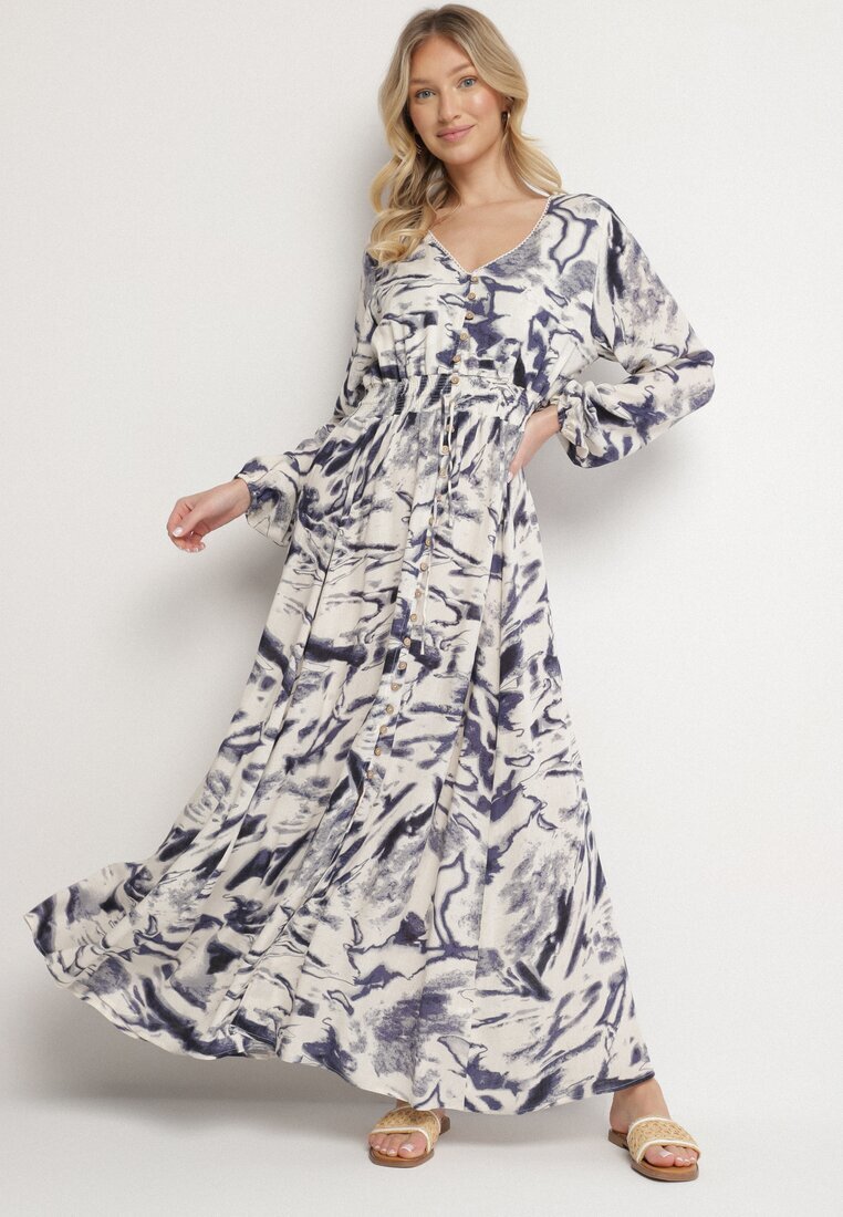 m&d fashion Rochie Albastră Vâscoză cu Imprimeu Abstract cu Elastic în Talie și Decolteu în V Arpio
