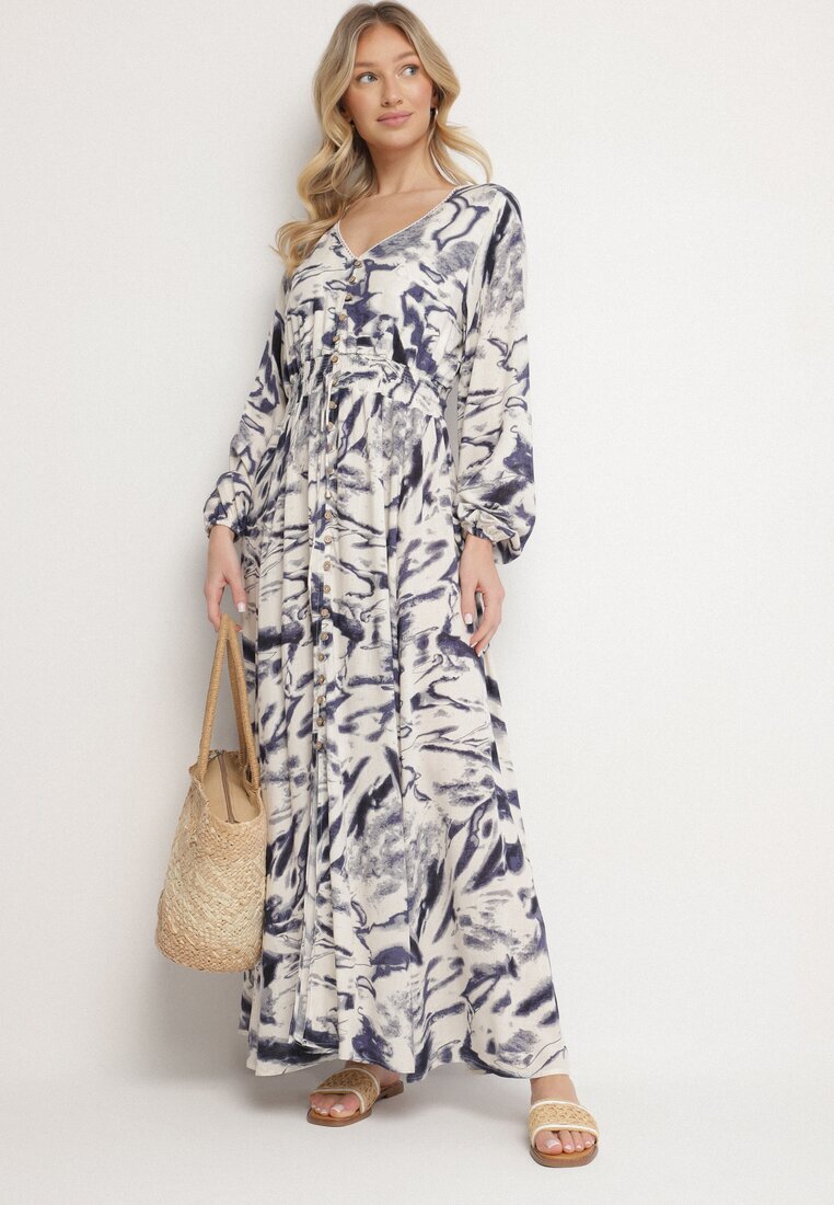 m&d fashion Rochie Albastră Vâscoză cu Imprimeu Abstract cu Elastic în Talie și Decolteu în V Arpio