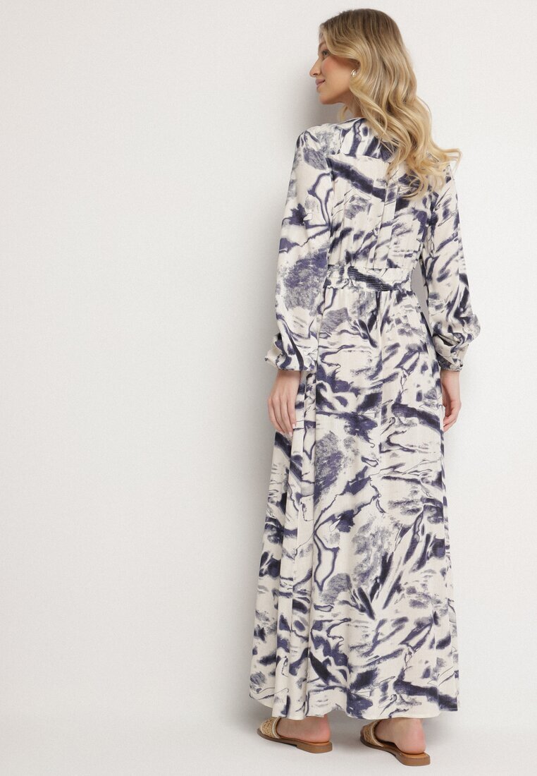 m&d fashion Rochie Albastră Vâscoză cu Imprimeu Abstract cu Elastic în Talie și Decolteu în V Arpio
