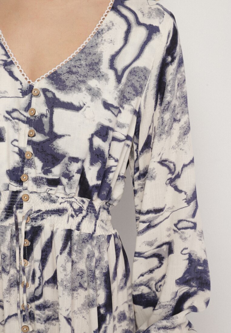 m&d fashion Rochie Albastră Vâscoză cu Imprimeu Abstract cu Elastic în Talie și Decolteu în V Arpio