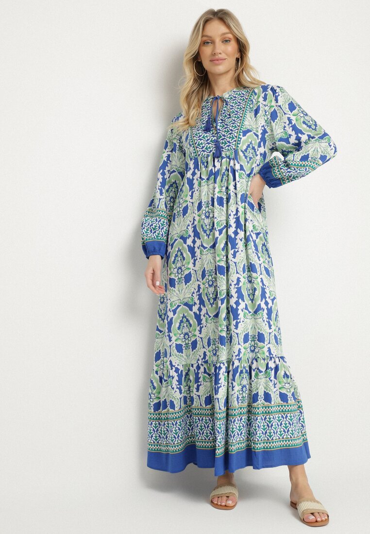 m&d fashion Rochie Albastru-Verde cu croi evazat cu legătură cu franjuri cu model etnic Ridalea