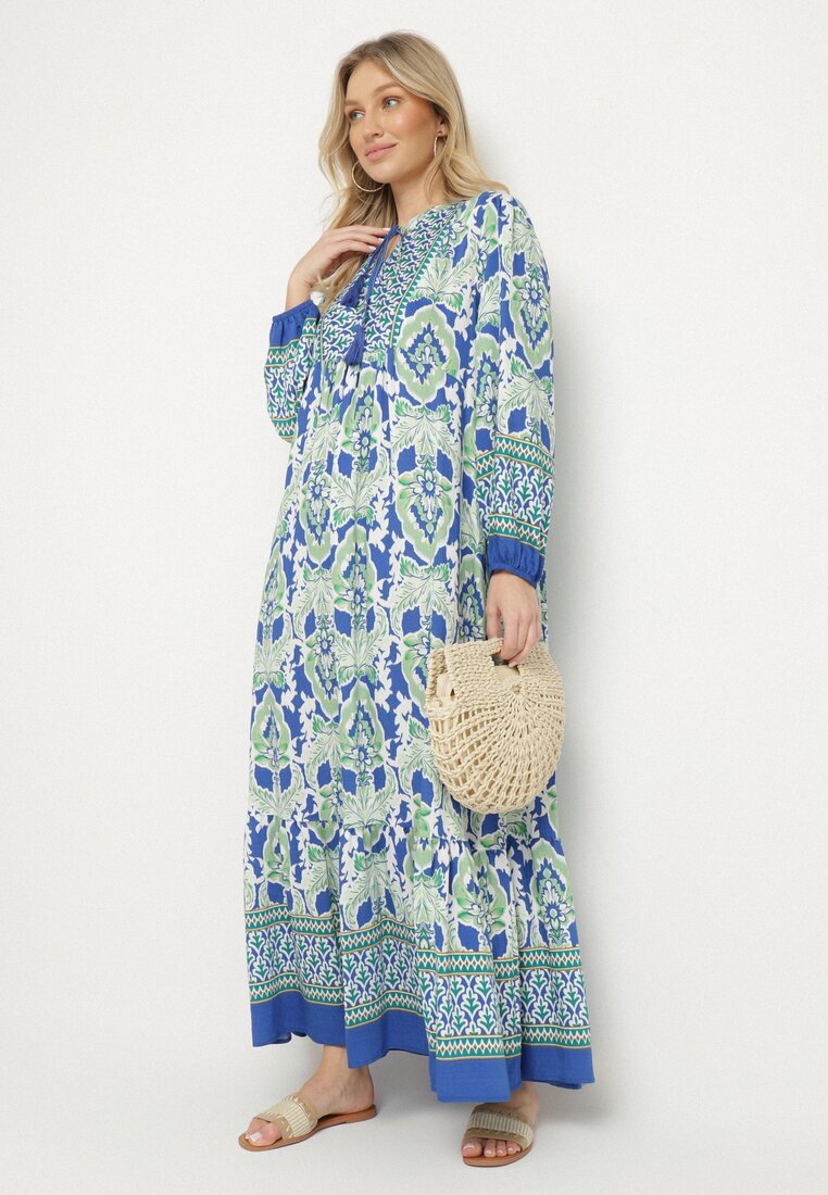 m&d fashion Rochie Albastru-Verde cu croi evazat cu legătură cu franjuri cu model etnic Ridalea