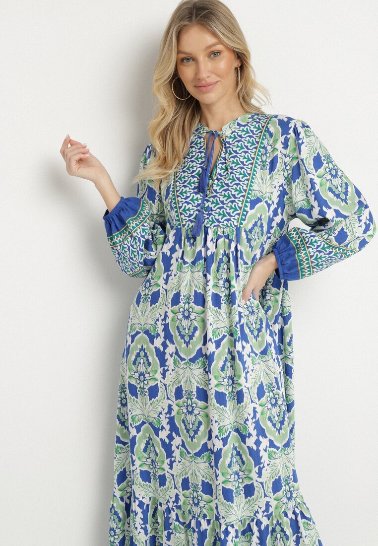 m&d fashion Rochie Albastru-Verde cu croi evazat cu legătură cu franjuri cu model etnic Ridalea