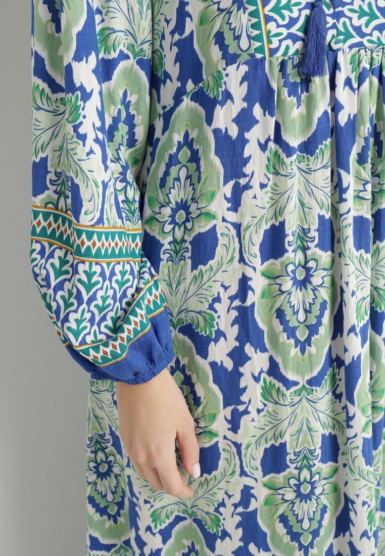 m&d fashion Rochie Albastru-Verde cu croi evazat cu legătură cu franjuri cu model etnic Ridalea
