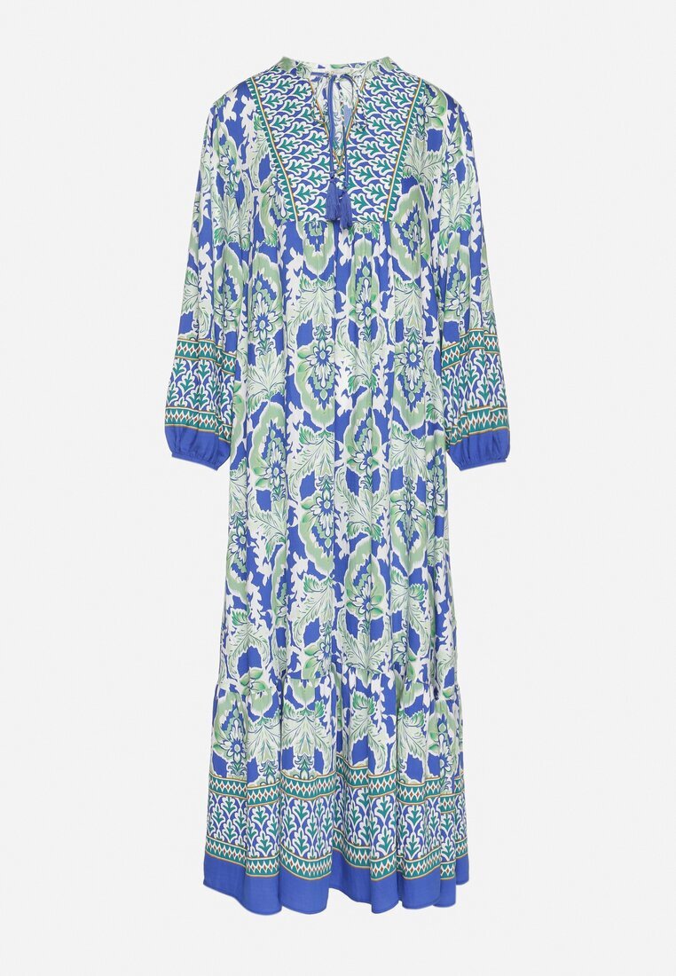 m&d fashion Rochie Albastru-Verde cu croi evazat cu legătură cu franjuri cu model etnic Ridalea
