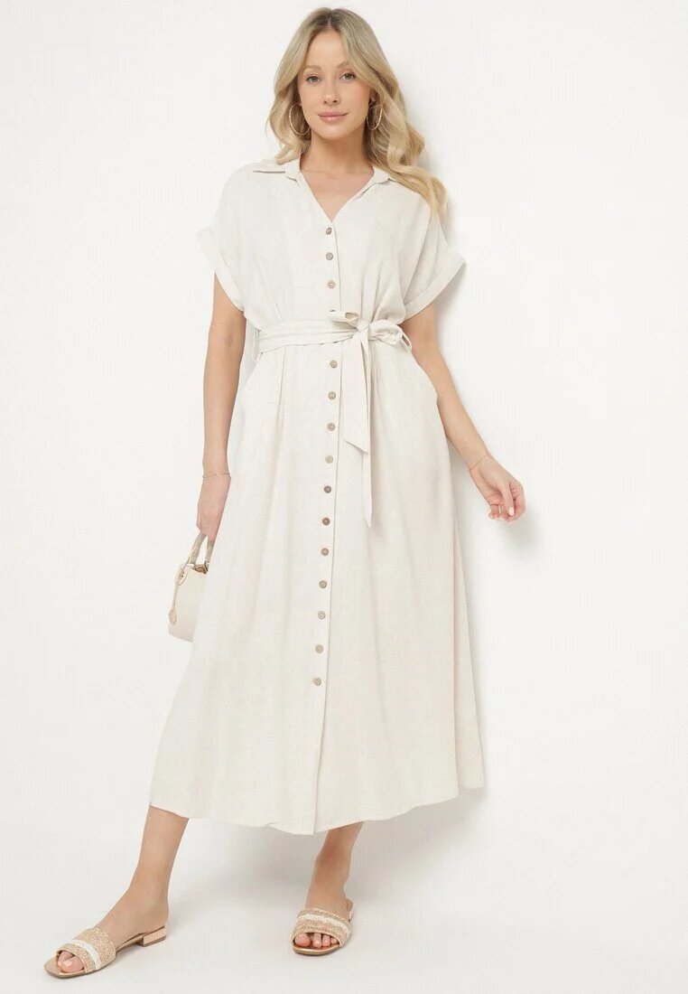 m&d fashion Rochie bej deschis din bumbac cu croială cămașă cu curea legată Elanitiela