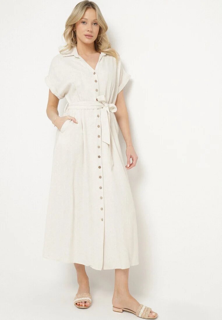 m&d fashion Rochie bej deschis din bumbac cu croială cămașă cu curea legată Elanitiela