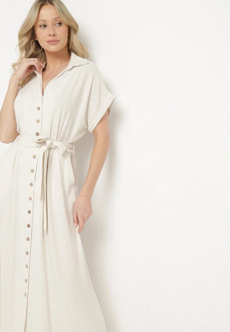 m&d fashion Rochie bej deschis din bumbac cu croială cămașă cu curea legată Elanitiela