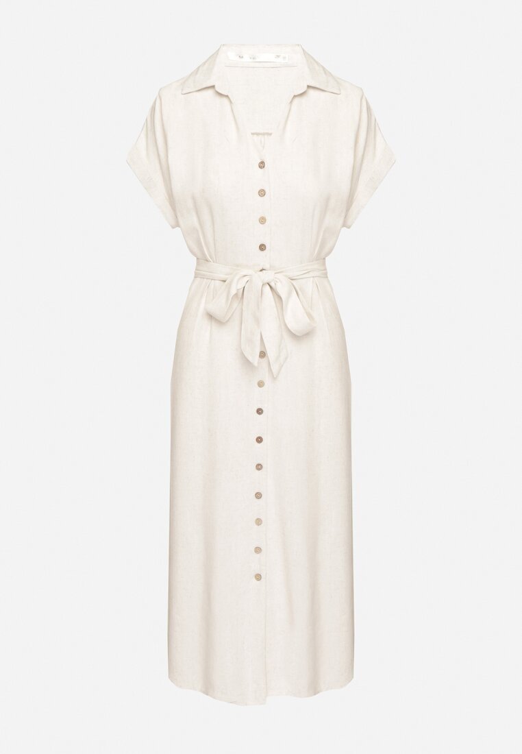 m&d fashion Rochie bej deschis din bumbac cu croială cămașă cu curea legată Elanitiela