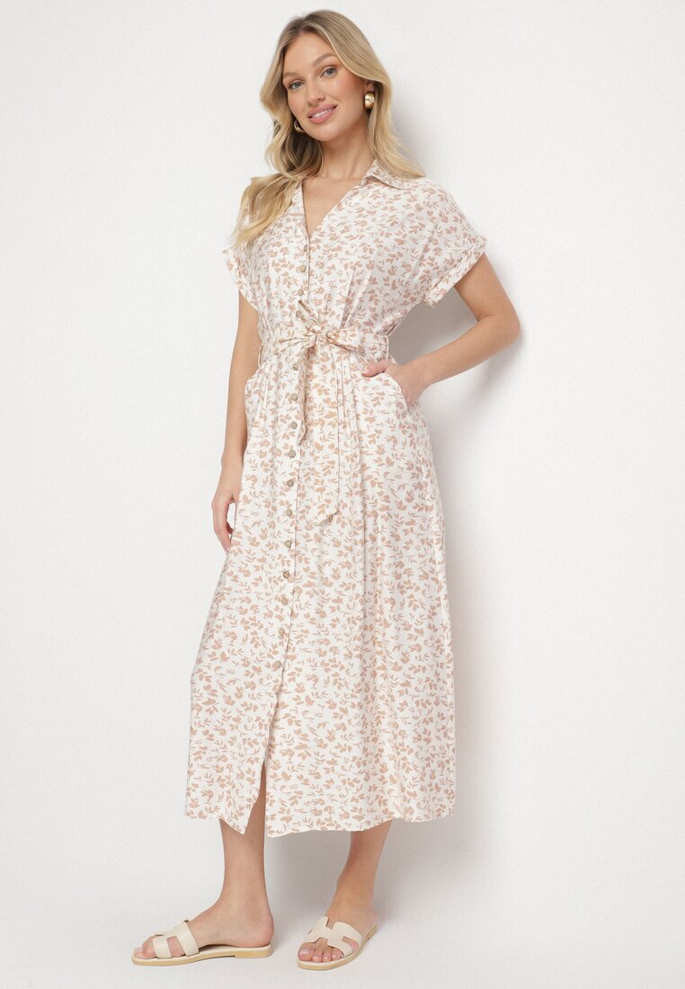 m&d fashion Rochie Bej deschis Din bumbac Cu imprimeu floral Stil cămașă Cu curea de legat Amondra