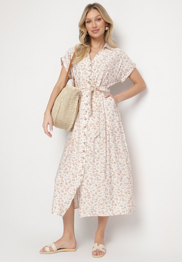 m&d fashion Rochie Bej deschis Din bumbac Cu imprimeu floral Stil cămașă Cu curea de legat Amondra