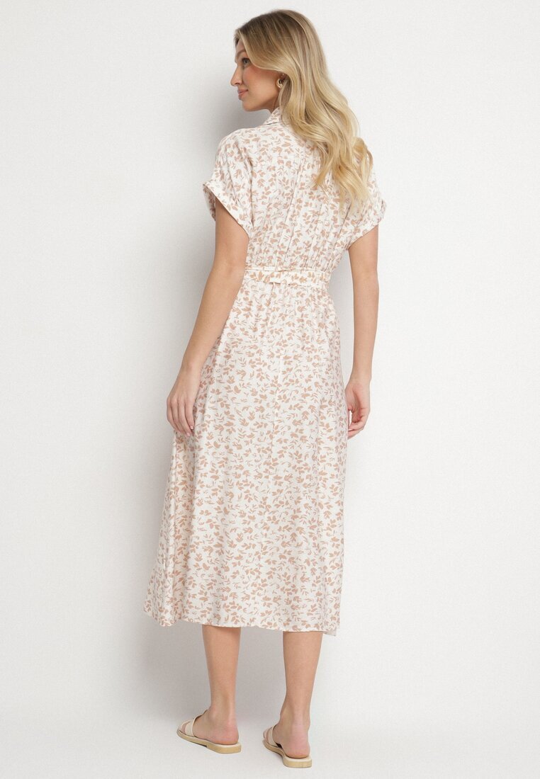 m&d fashion Rochie Bej deschis Din bumbac Cu imprimeu floral Stil cămașă Cu curea de legat Amondra