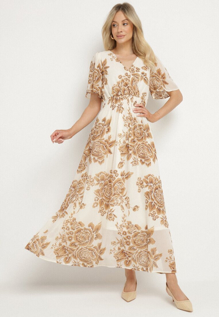m&d fashion Rochie bej deschis florală cu croială evazată și legătură Raloiti