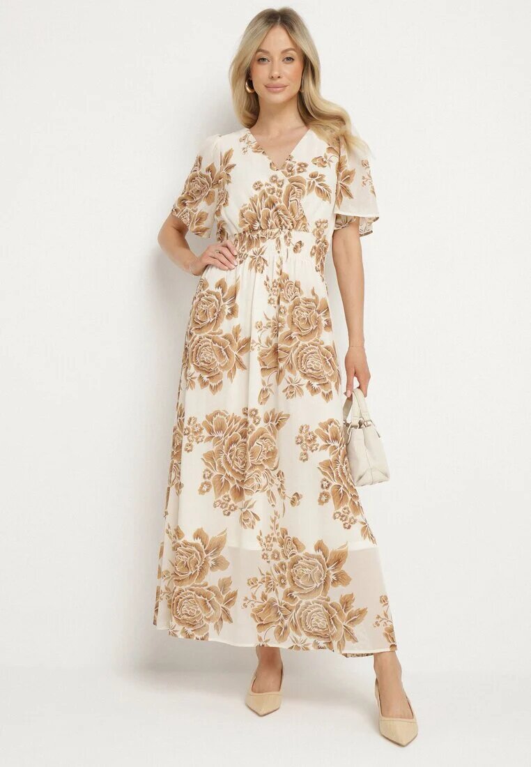 m&d fashion Rochie bej deschis florală cu croială evazată și legătură Raloiti