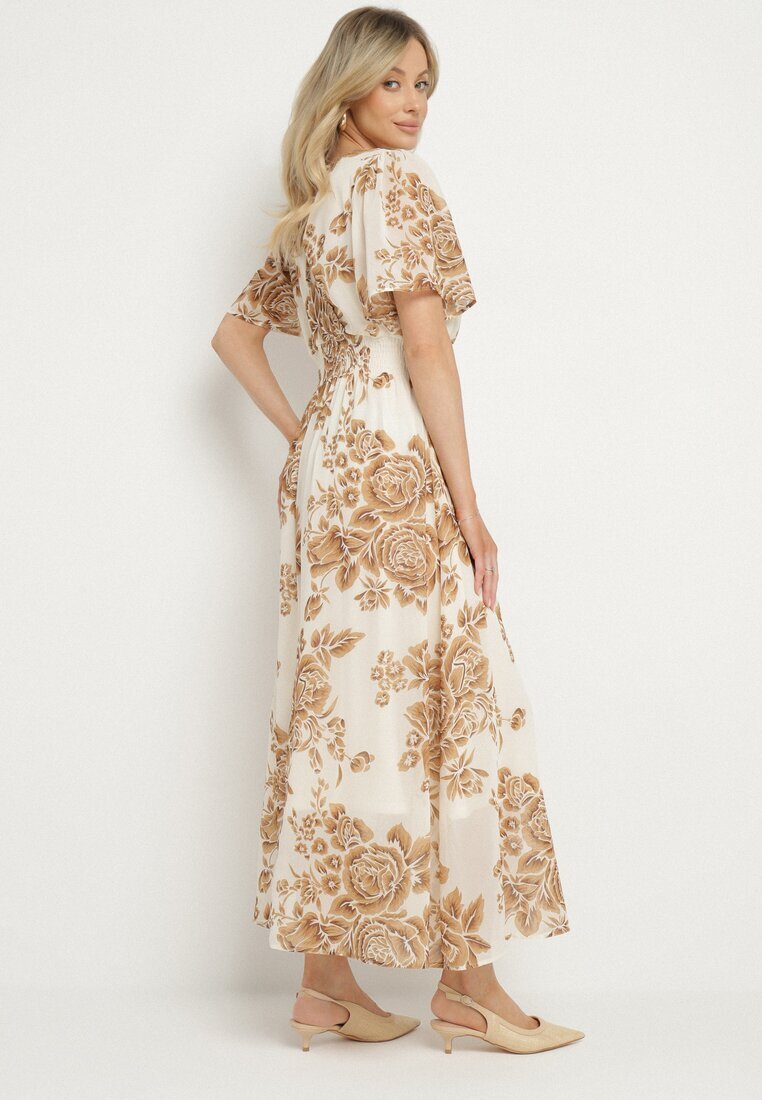 m&d fashion Rochie bej deschis florală cu croială evazată și legătură Raloiti